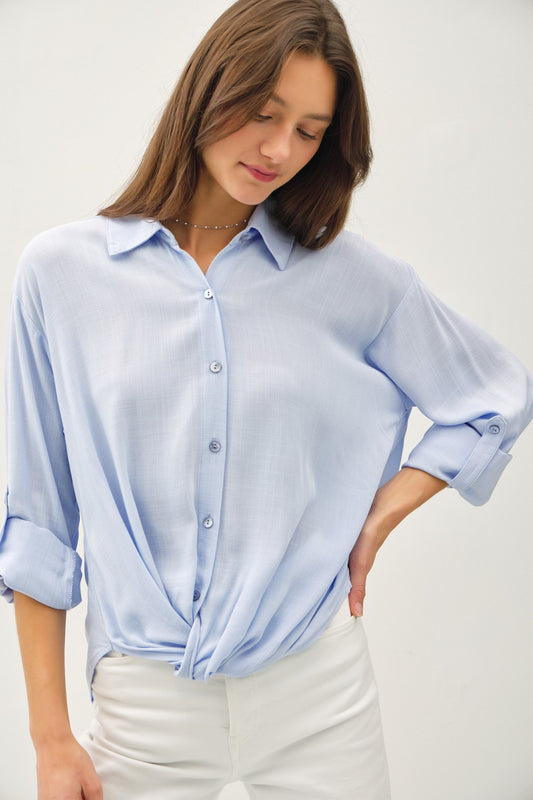 Roll Up Hem Detail Top in Light Blue