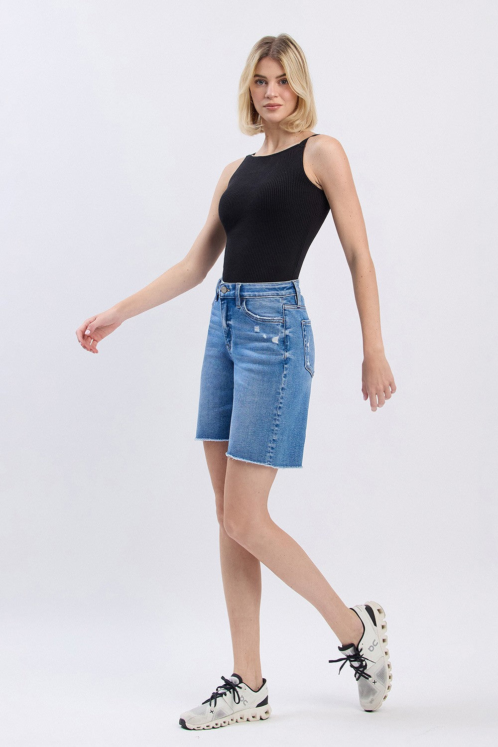 High Rise Raw Hem Bermuda Shorts