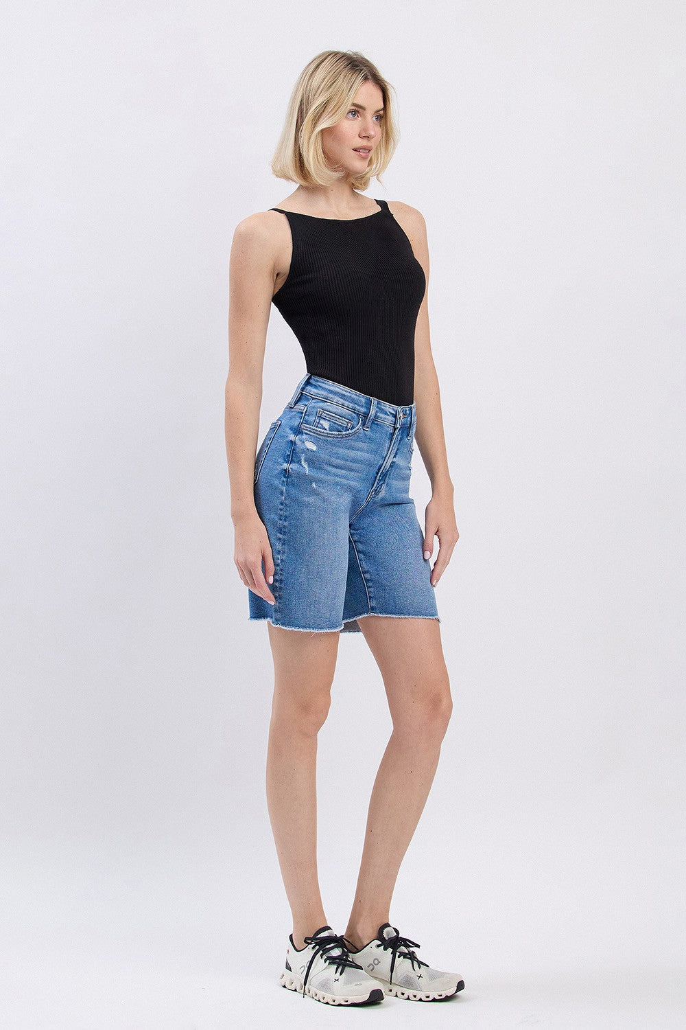 High Rise Raw Hem Bermuda Shorts