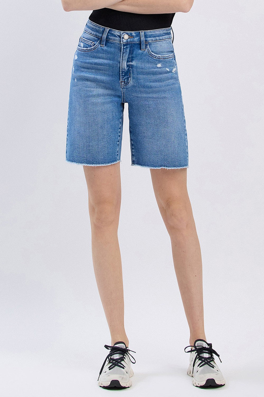 High Rise Raw Hem Bermuda Shorts