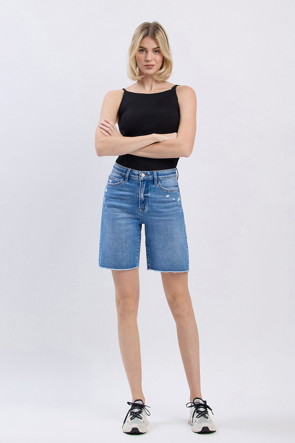 High Rise Raw Hem Bermuda Shorts