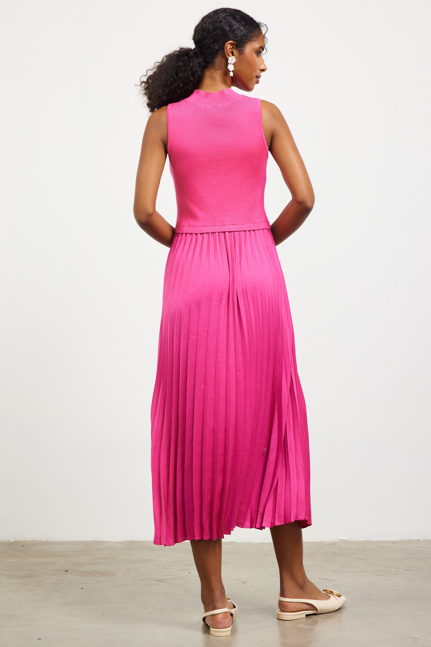 Pleated Contrast Mock Neck Dress in Pink