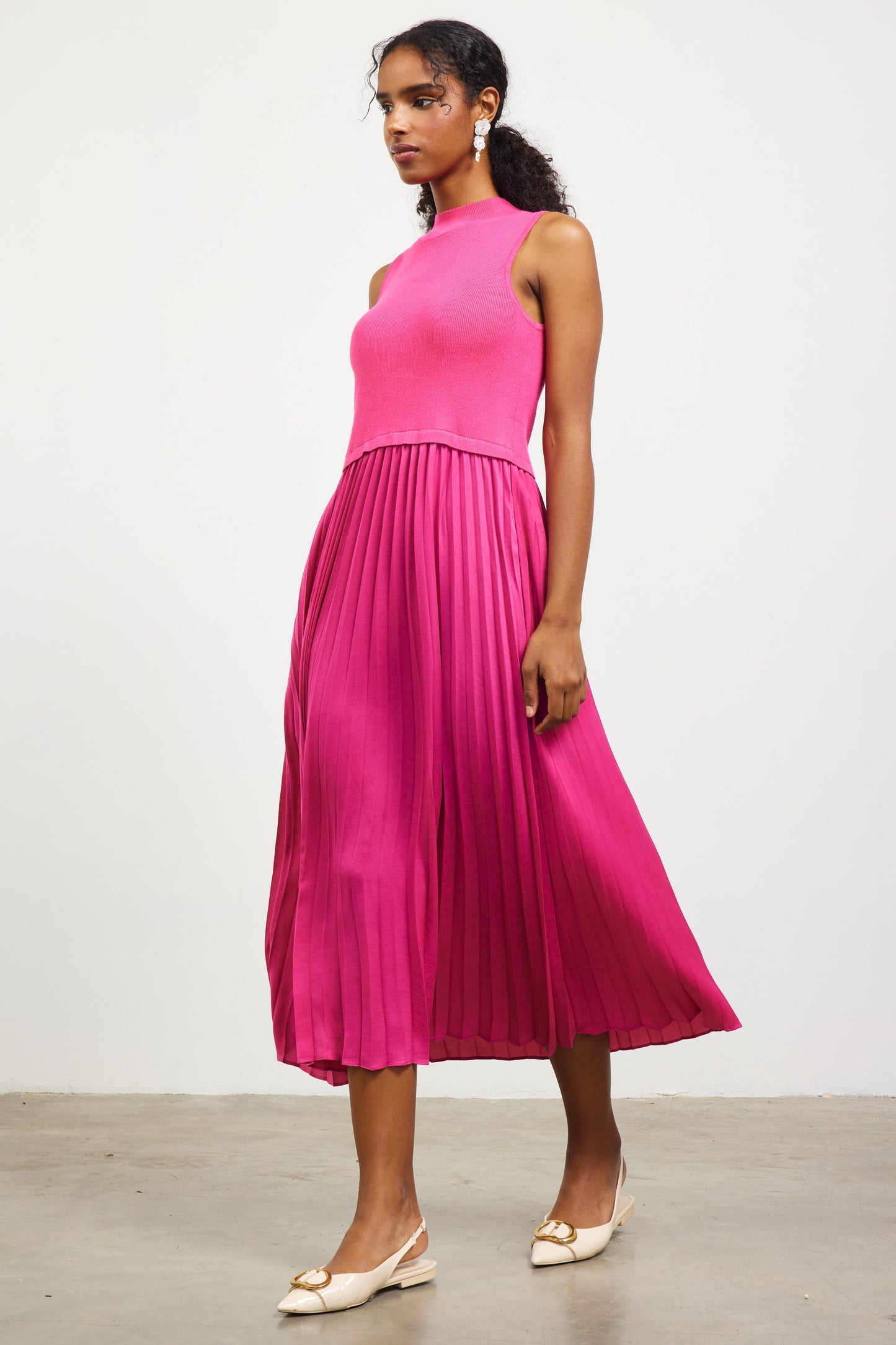 Pleated Contrast Mock Neck Dress in Pink