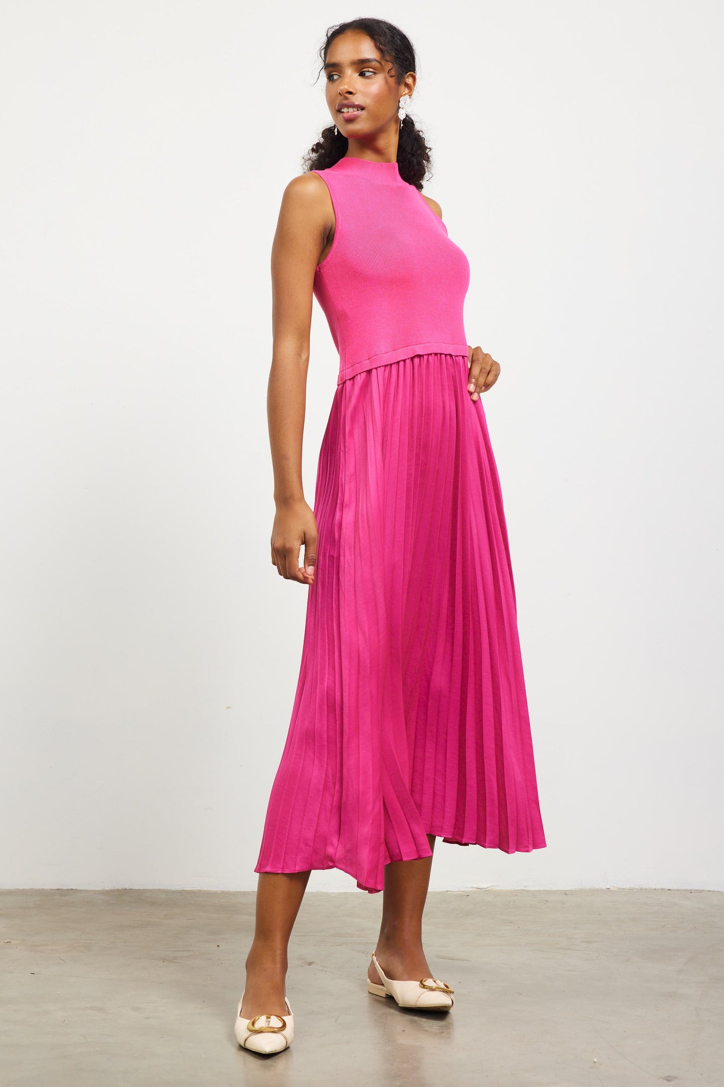 Pleated Contrast Mock Neck Dress in Pink