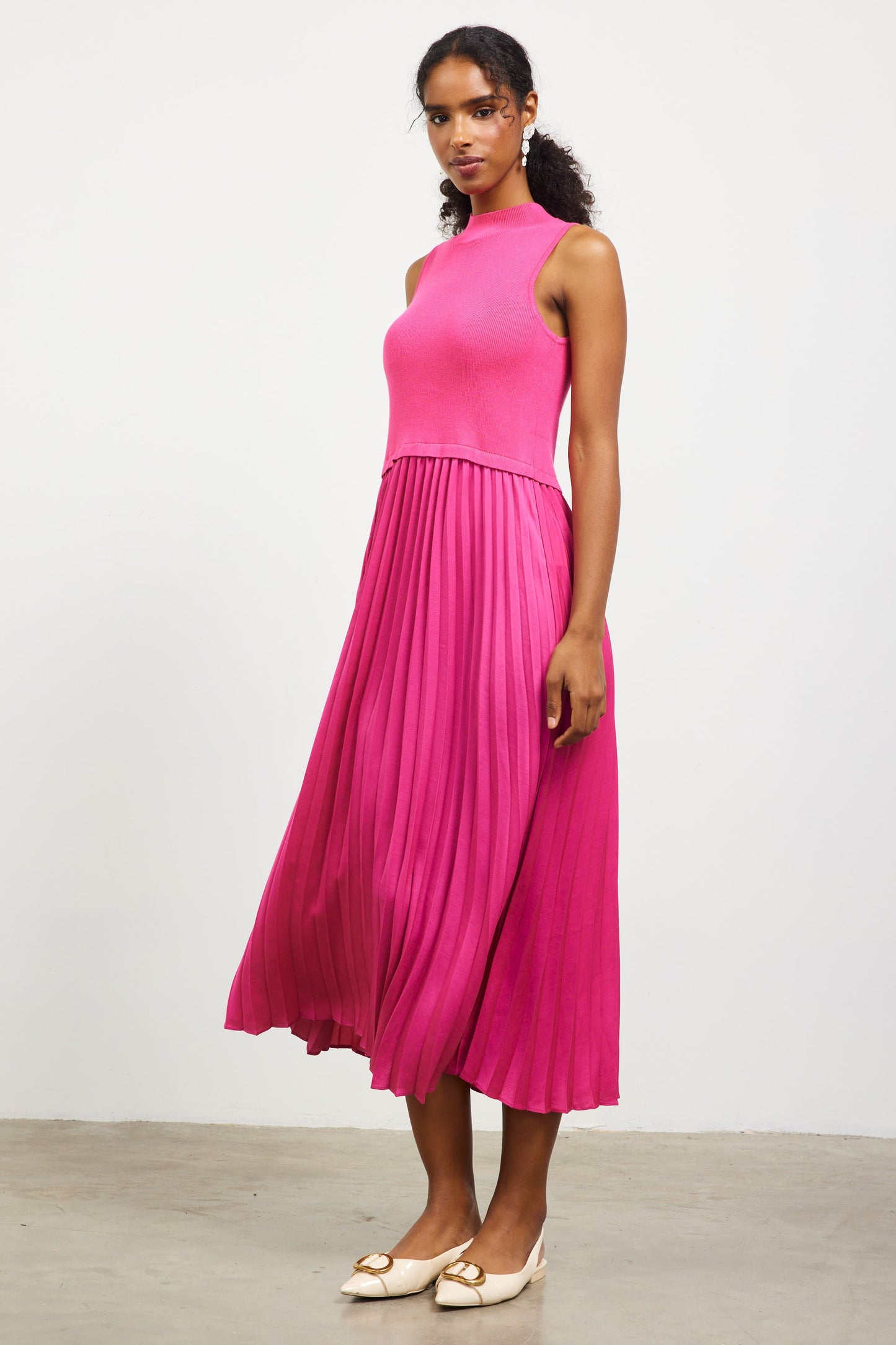 Pleated Contrast Mock Neck Dress in Pink