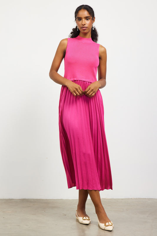 Pleated Contrast Mock Neck Dress in Pink