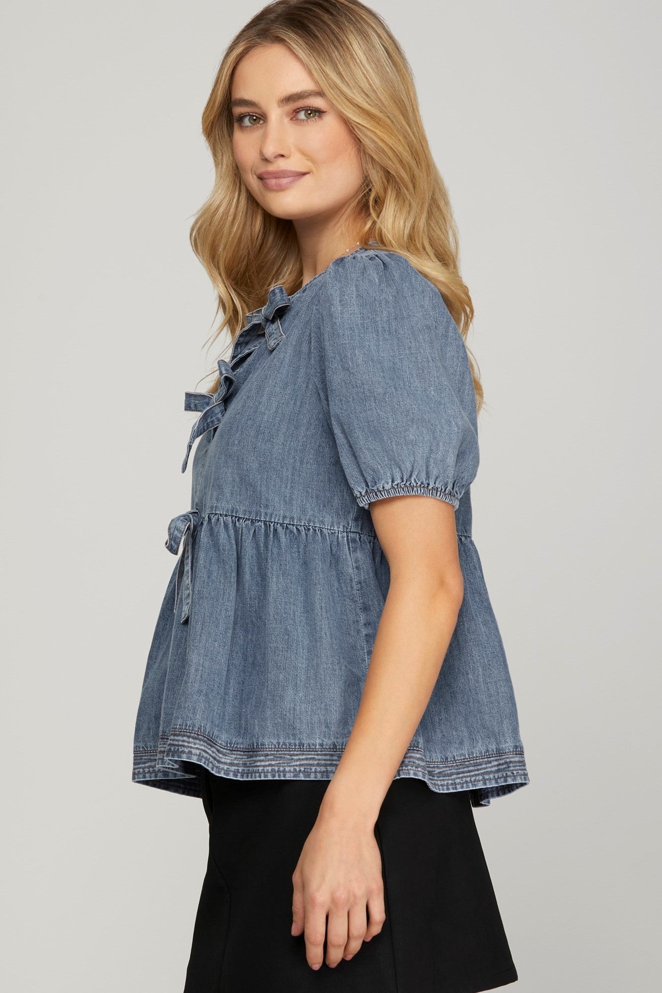 Denim Bow Peplum Top