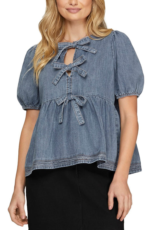 Denim Bow Peplum Top