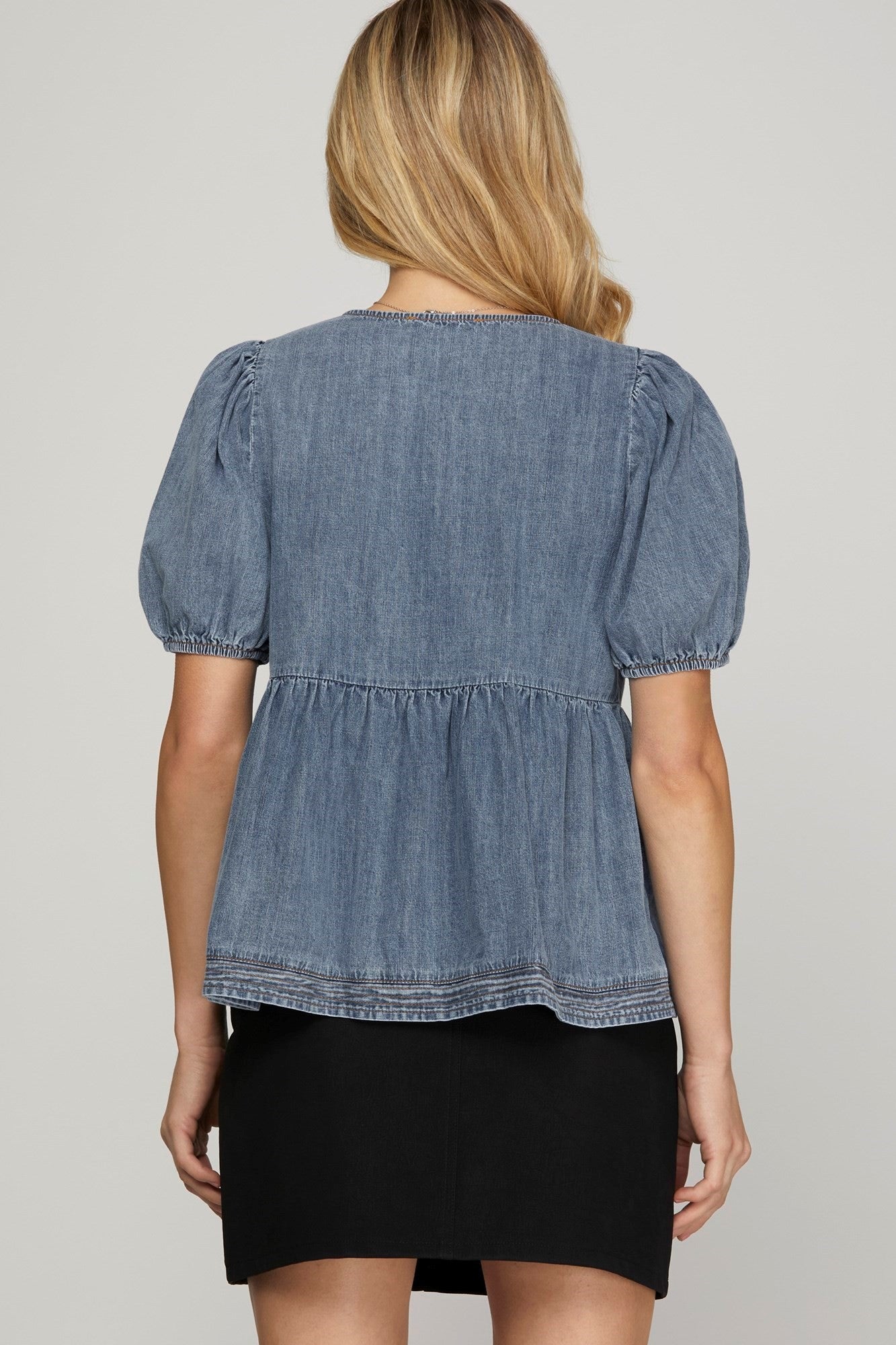 Denim Bow Peplum Top