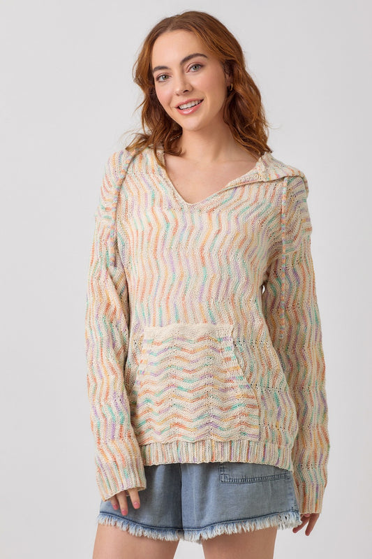 Multicolor Chevron Hoodie Sweater in Oatmeal