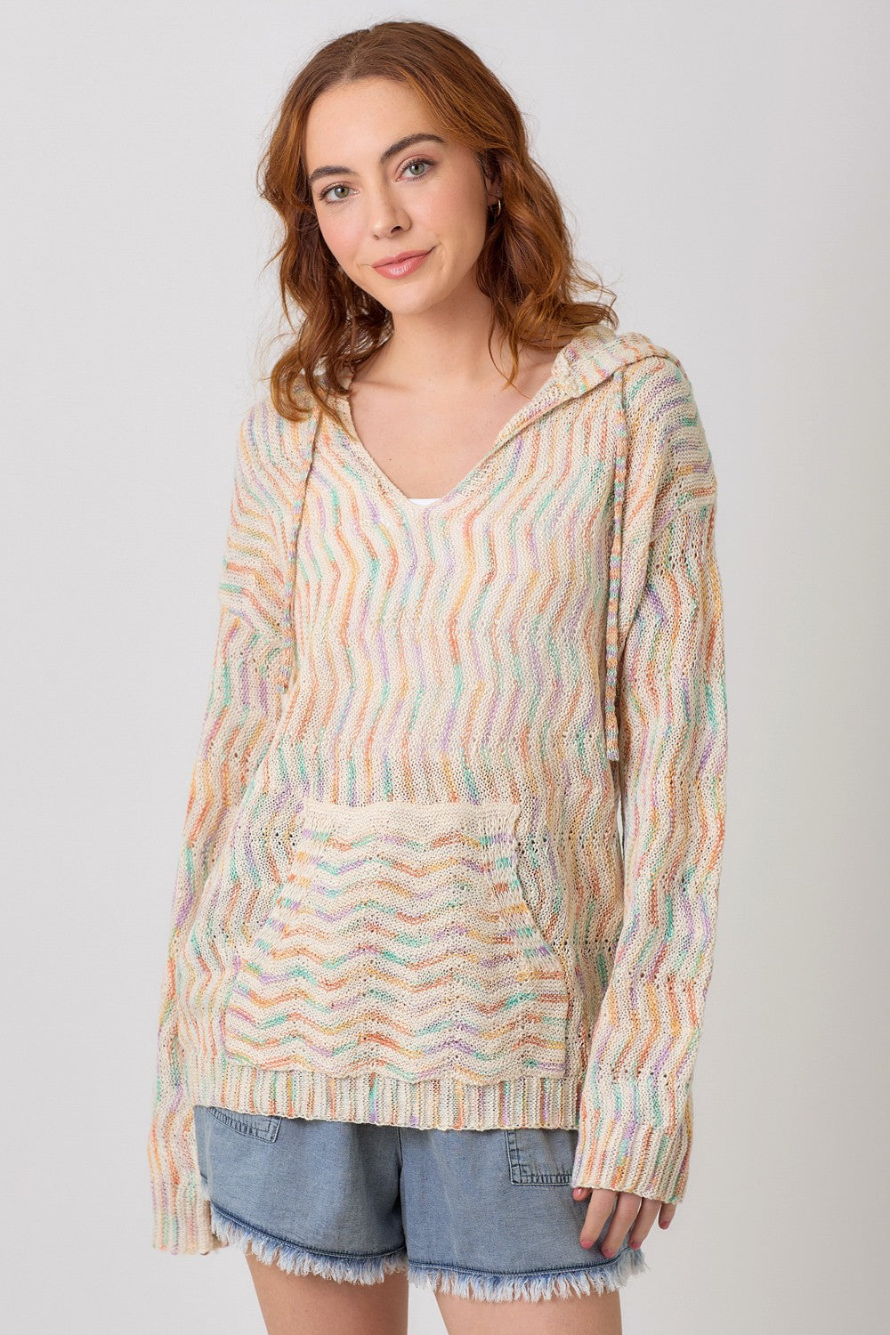 Multicolor Chevron Hoodie Sweater in Oatmeal