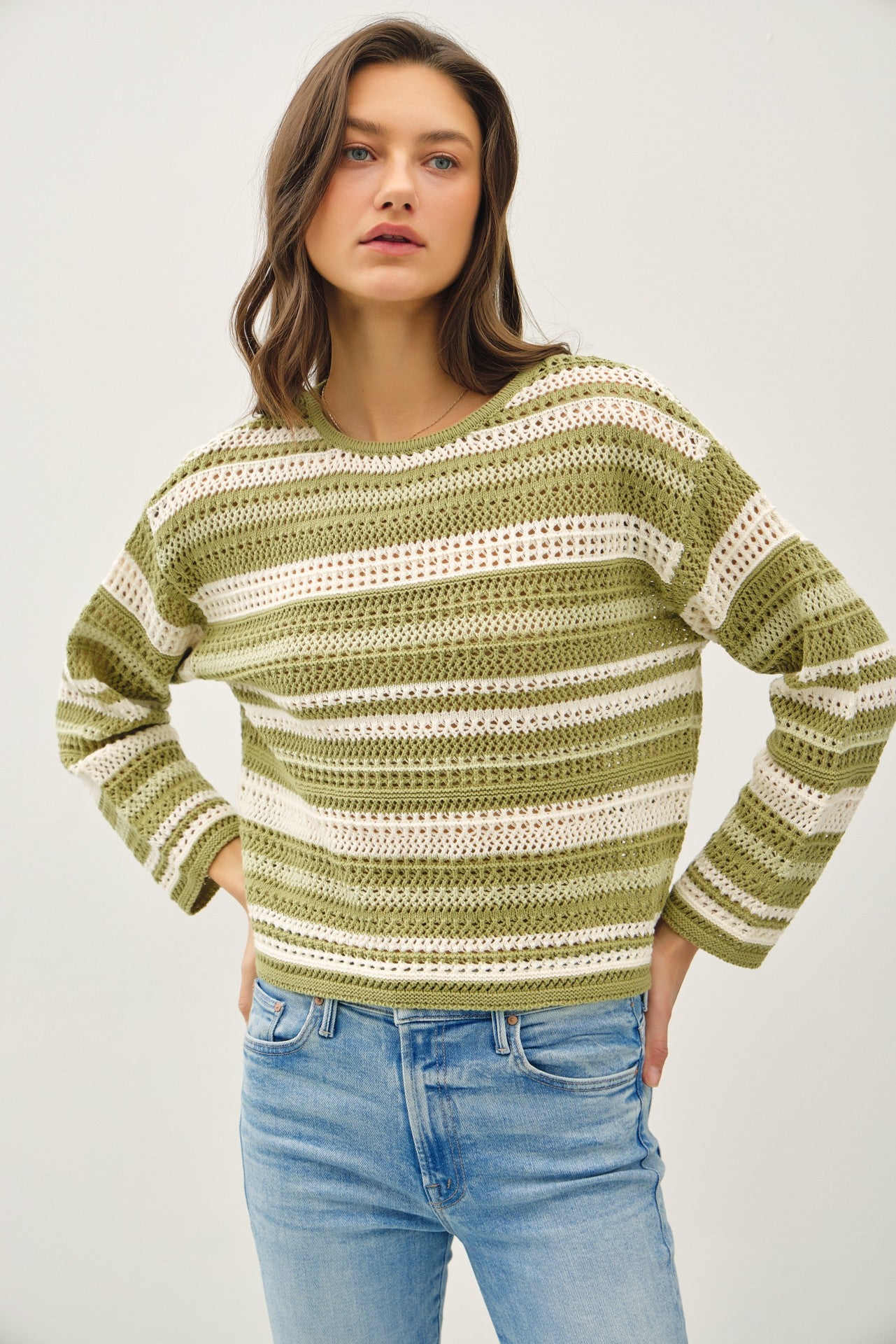 Striped Breezy Crochet Sweater in Lime