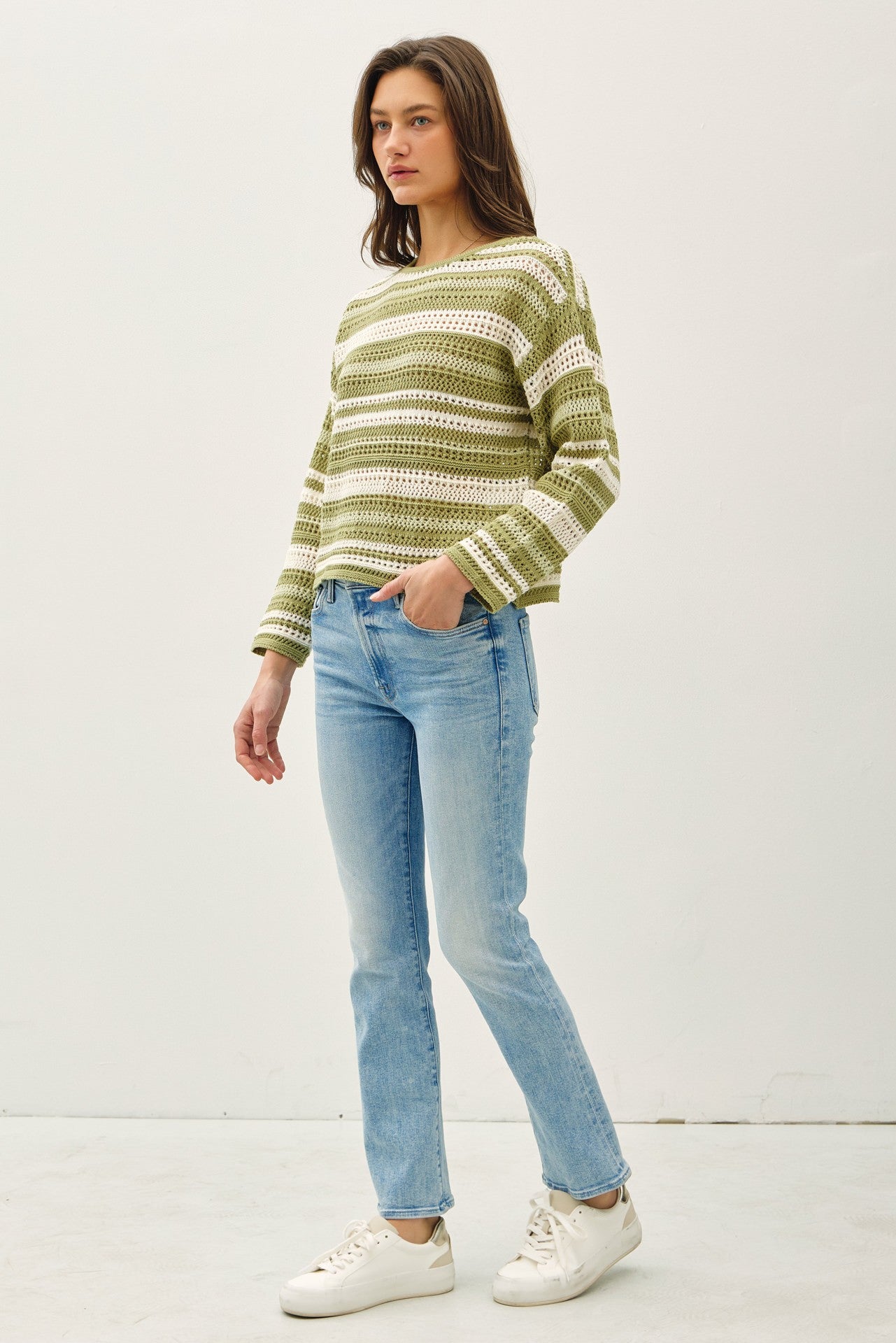 Striped Breezy Crochet Sweater in Lime