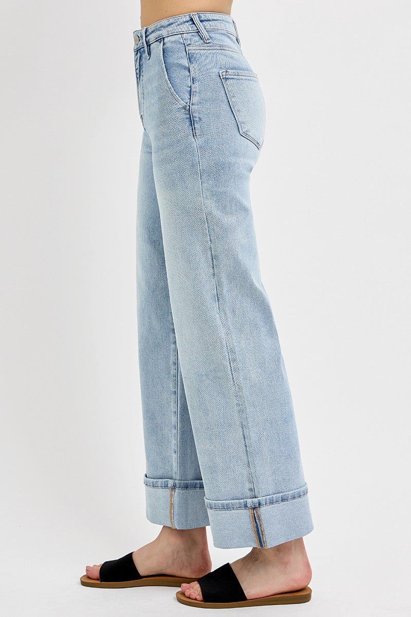 High Rise Ankle Wide Cuffed Jeans