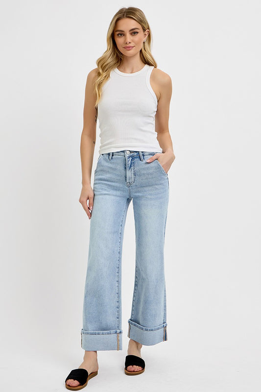 High Rise Ankle Wide Cuffed Jeans