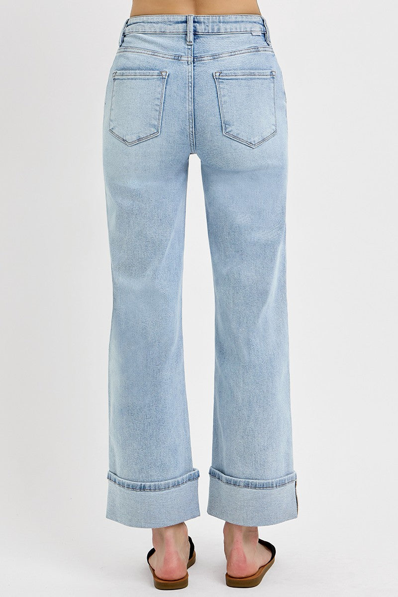 High Rise Ankle Wide Cuffed Jeans