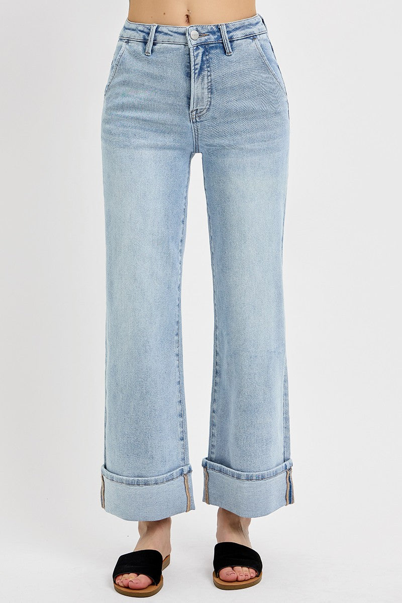 High Rise Ankle Wide Cuffed Jeans