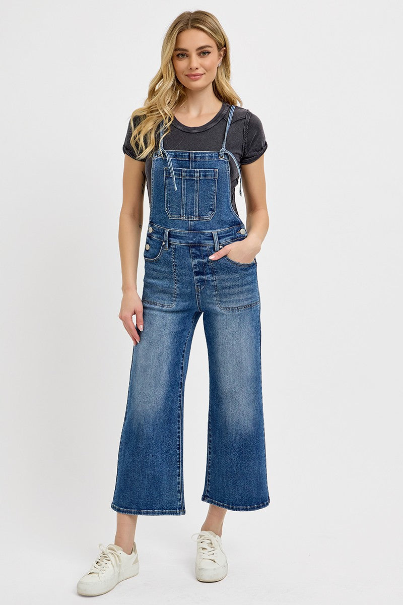 Crop Straight Leg Overalls in Dk. Wash