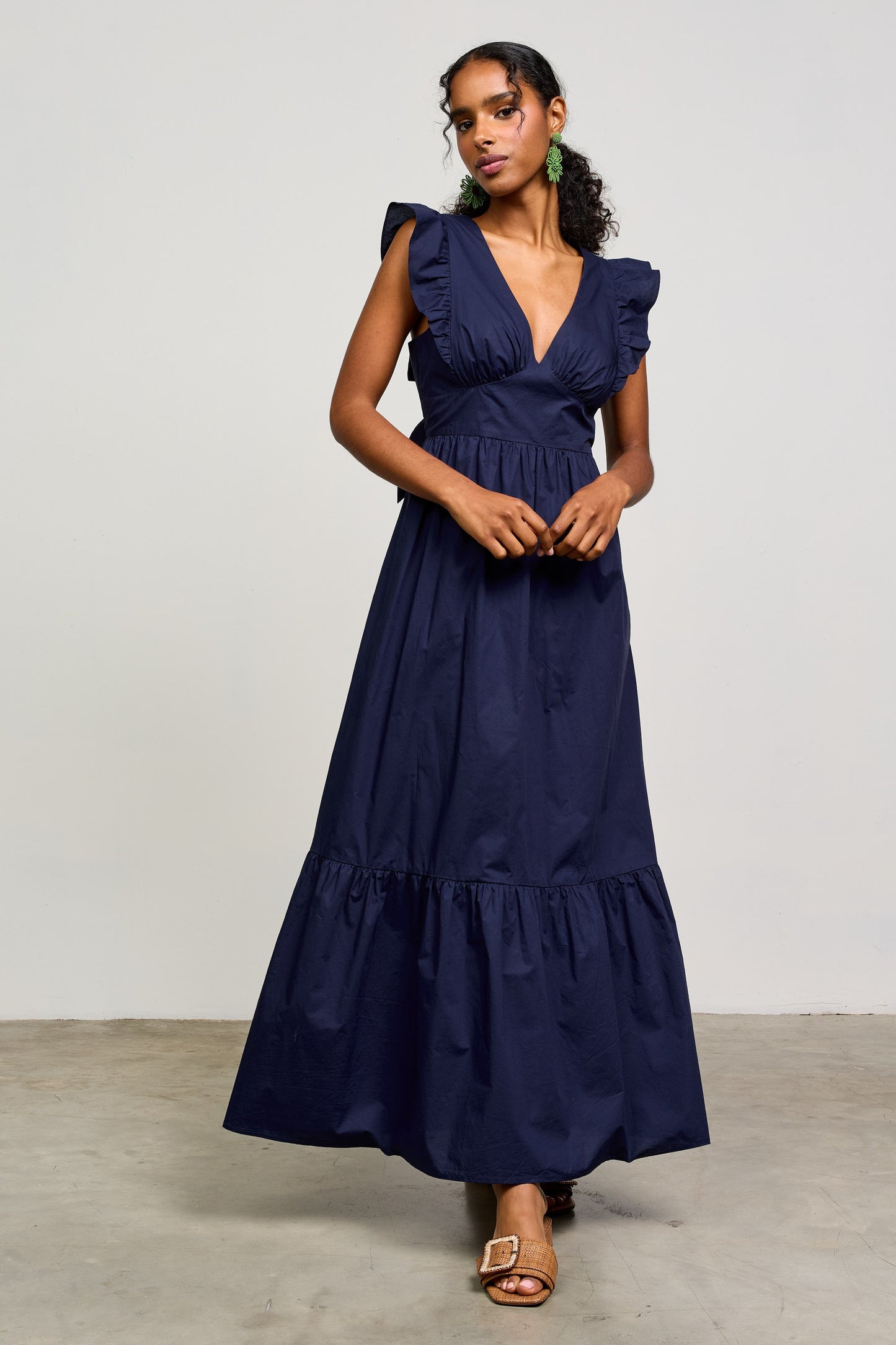 Poplin Tie Back Maxi Dress in Navy