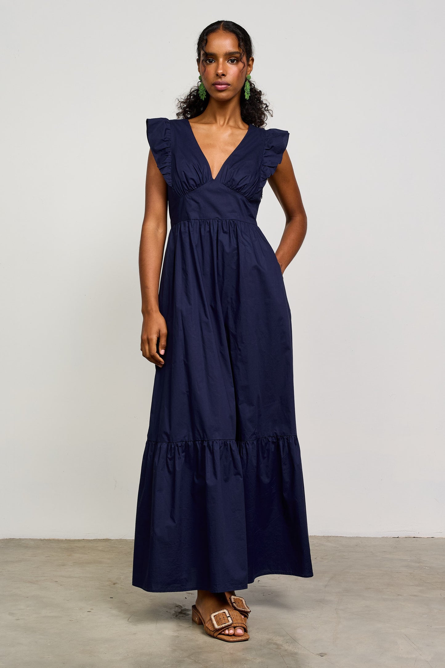 Poplin Tie Back Maxi Dress in Navy