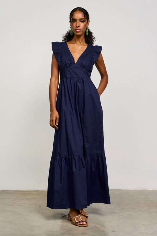 Poplin Tie Back Maxi Dress in Navy