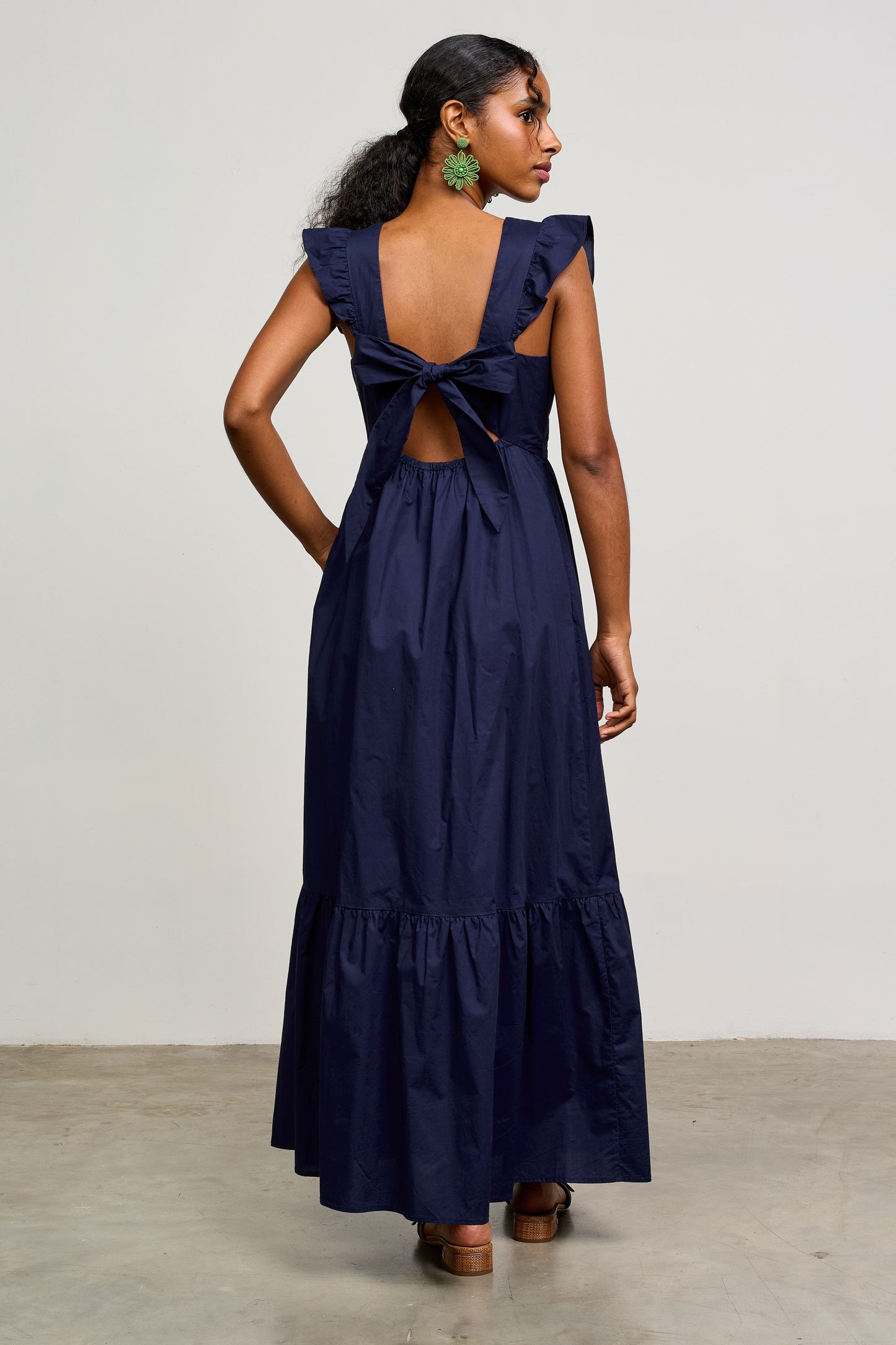 Poplin Tie Back Maxi Dress in Navy