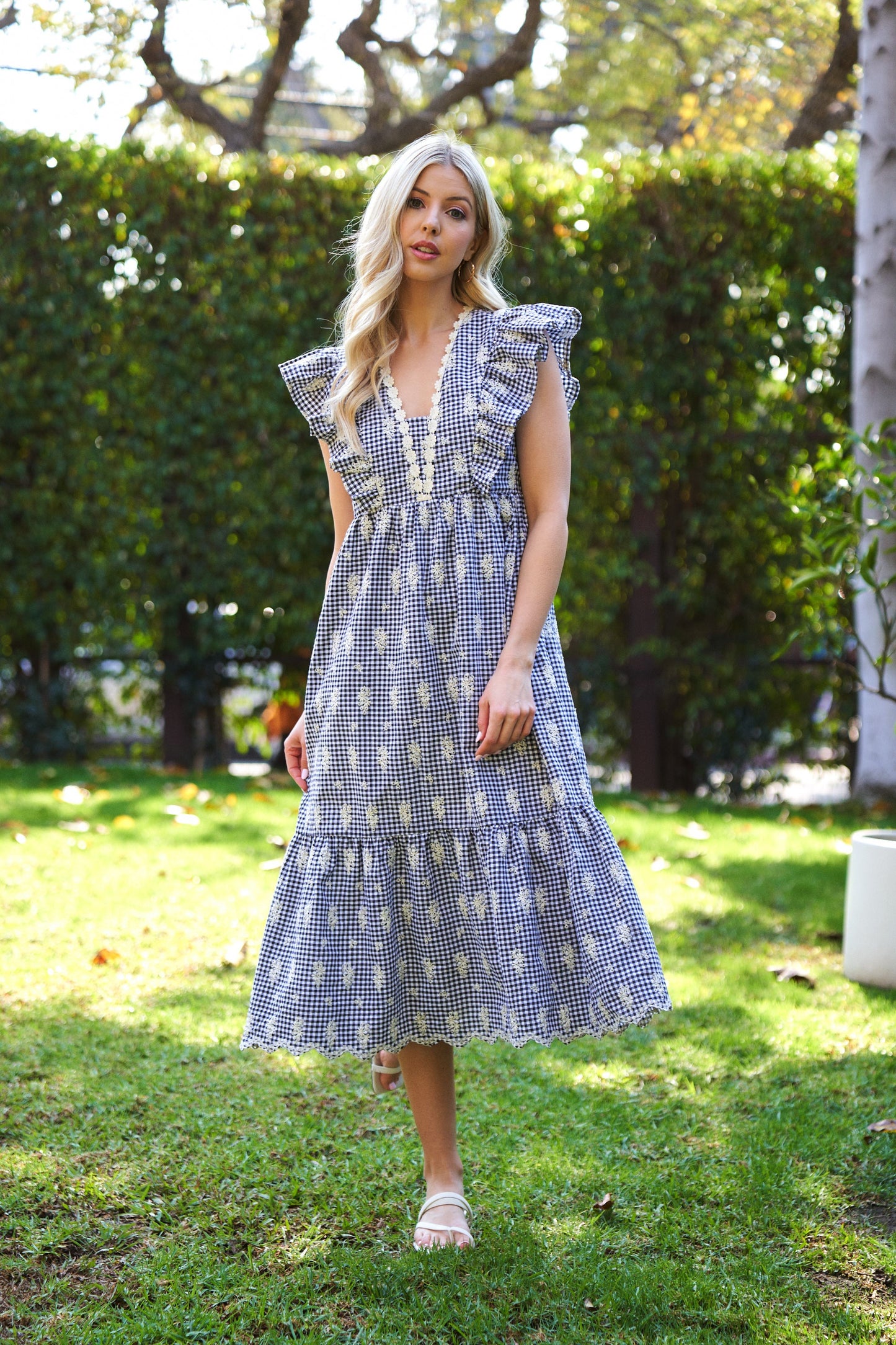 Gingham Print Midi Dress in Black