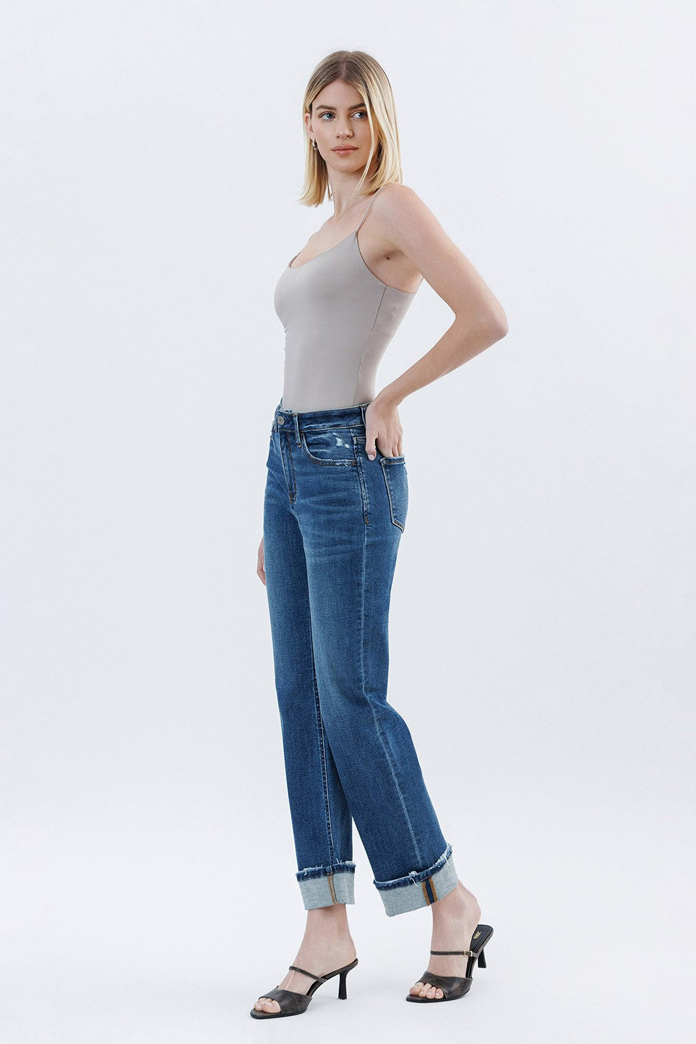 High Rise Cuffed Straight Jeans
