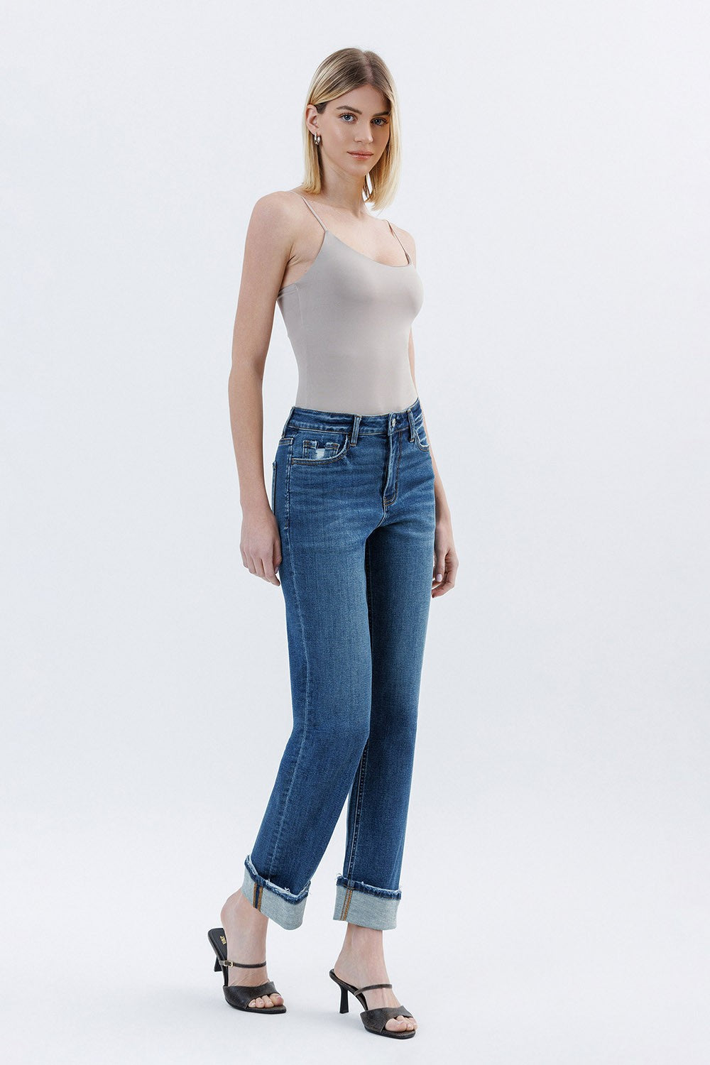 High Rise Cuffed Straight Jeans