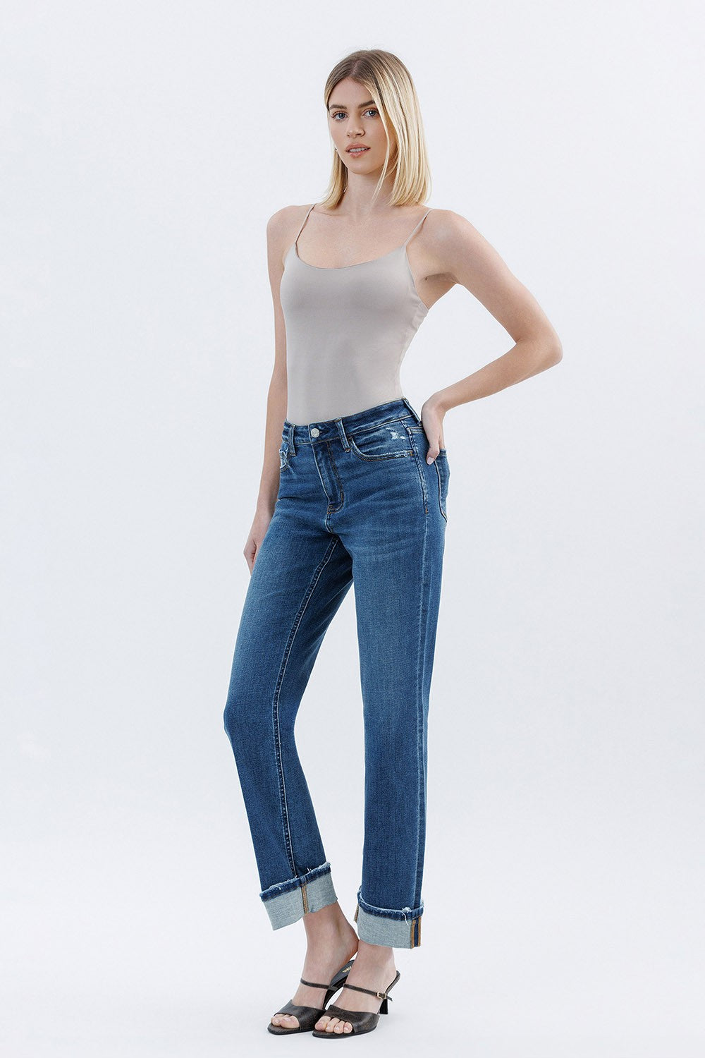 High Rise Cuffed Straight Jeans