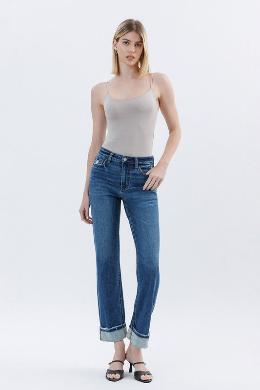 High Rise Cuffed Straight Jeans