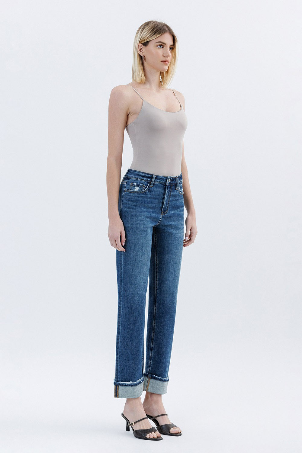 High Rise Cuffed Straight Jeans