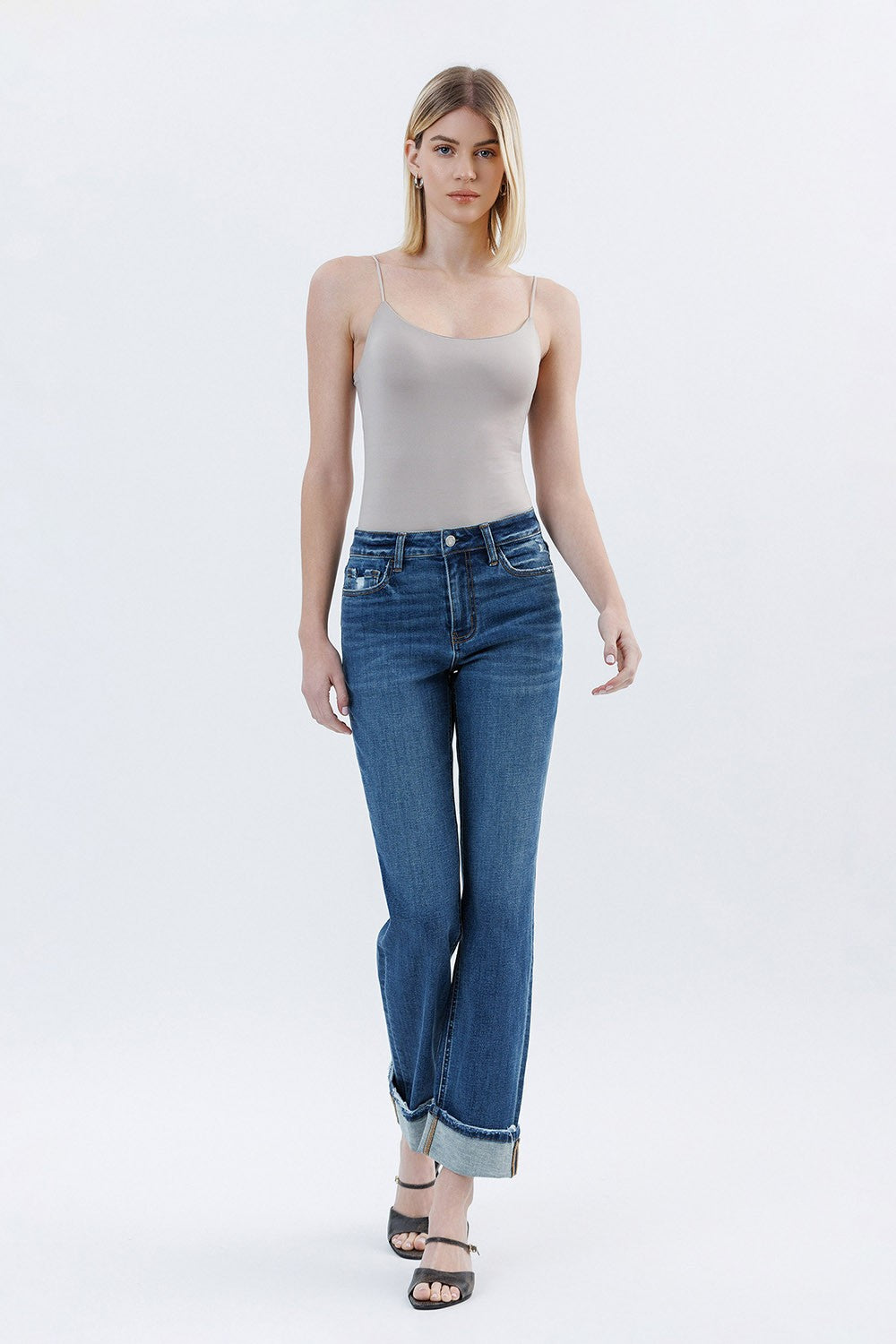 High Rise Cuffed Straight Jeans