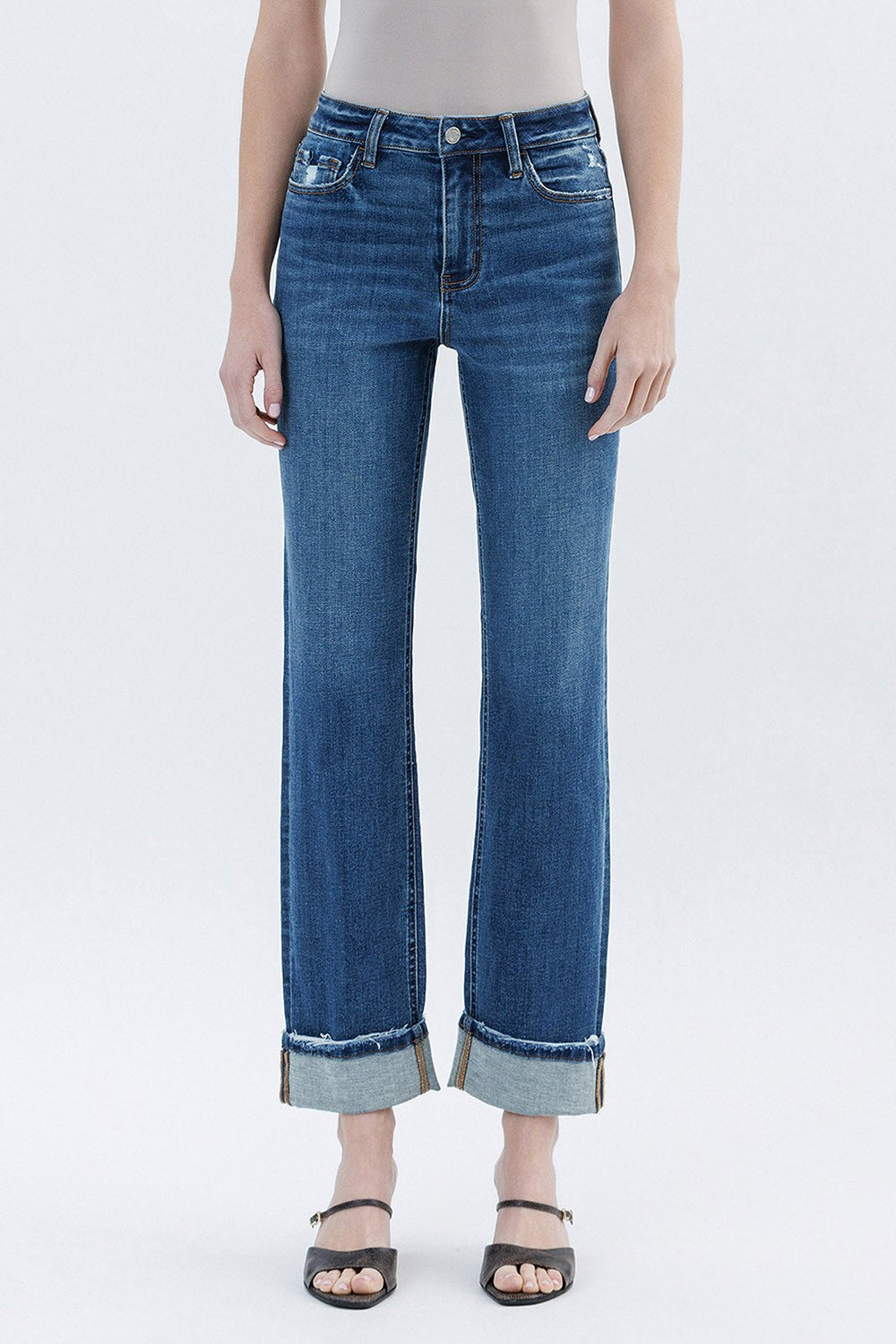 High Rise Cuffed Straight Jeans