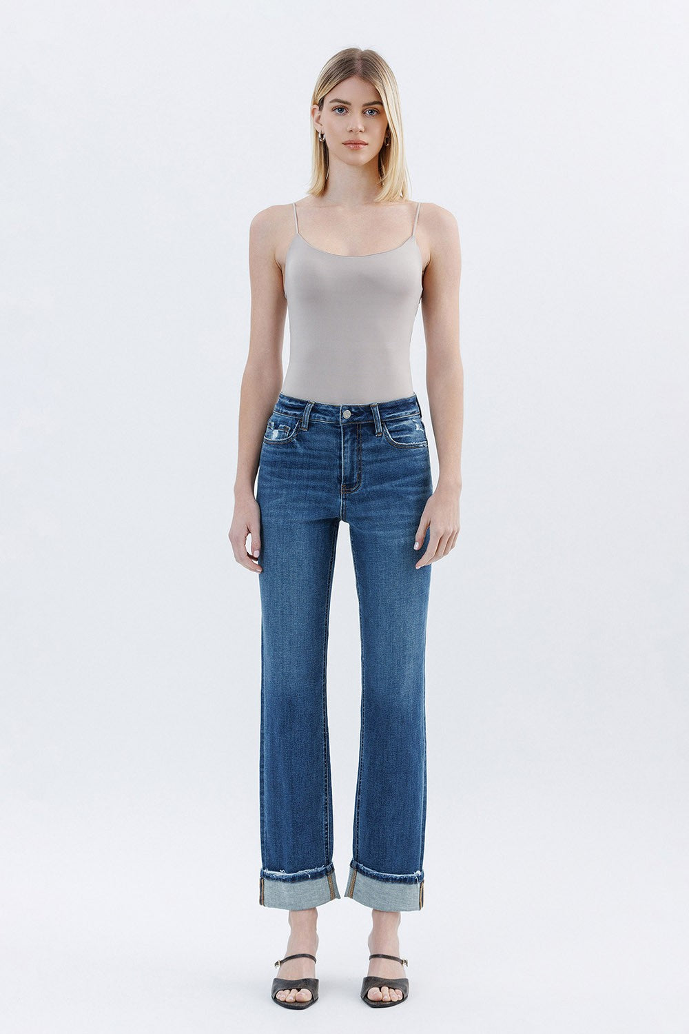 High Rise Cuffed Straight Jeans