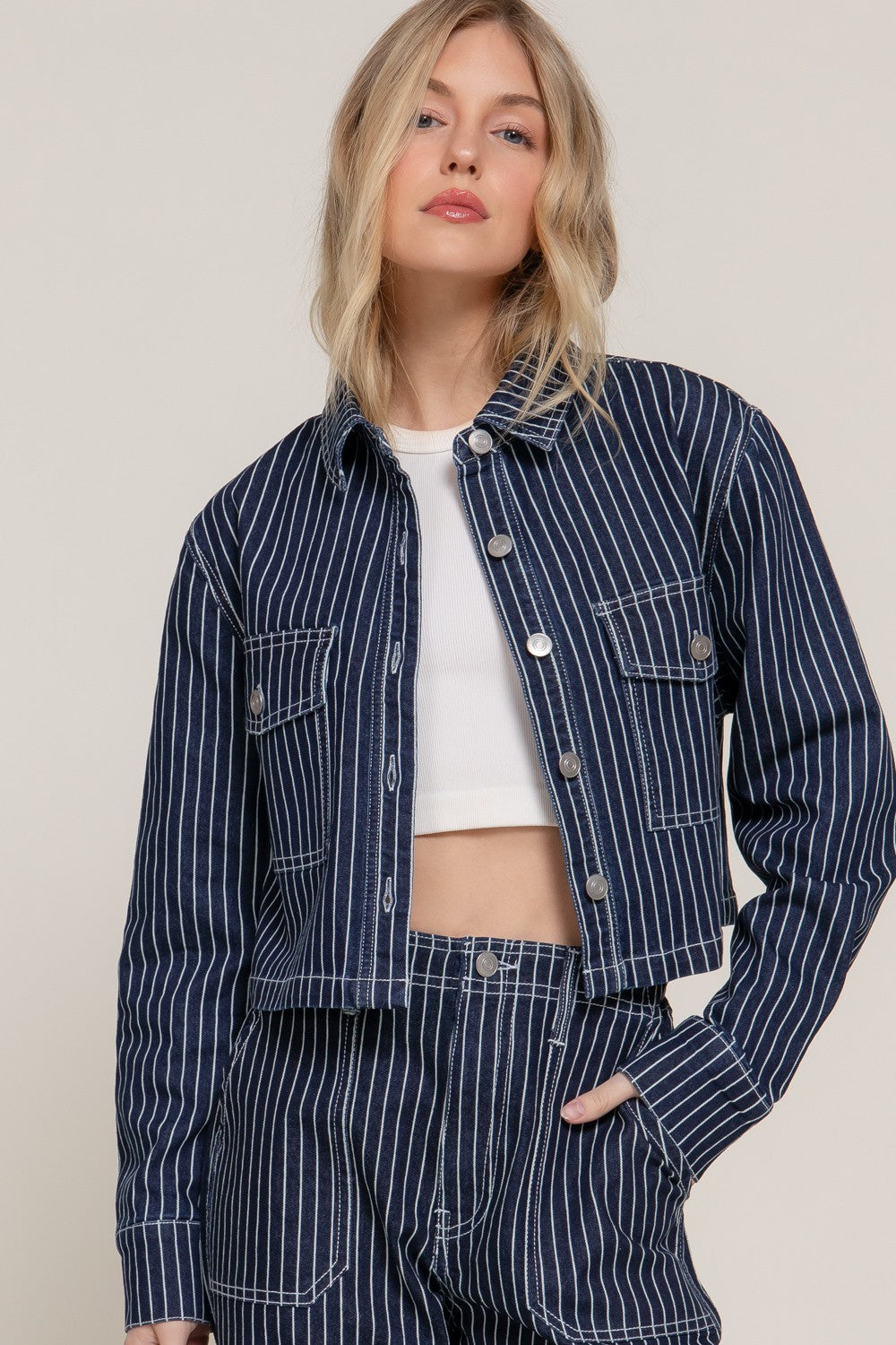Stripe Cropped Denim Jacket