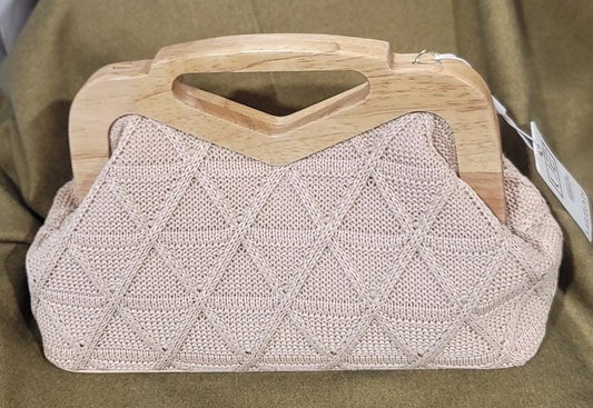 Woven Crossbody with Wood Handle in Nude