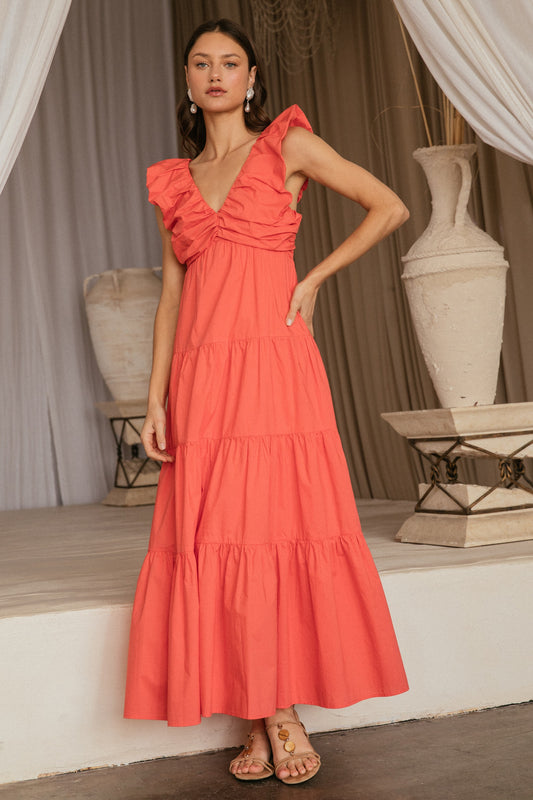 Poplin V-Neck Shirred Maxi Dress