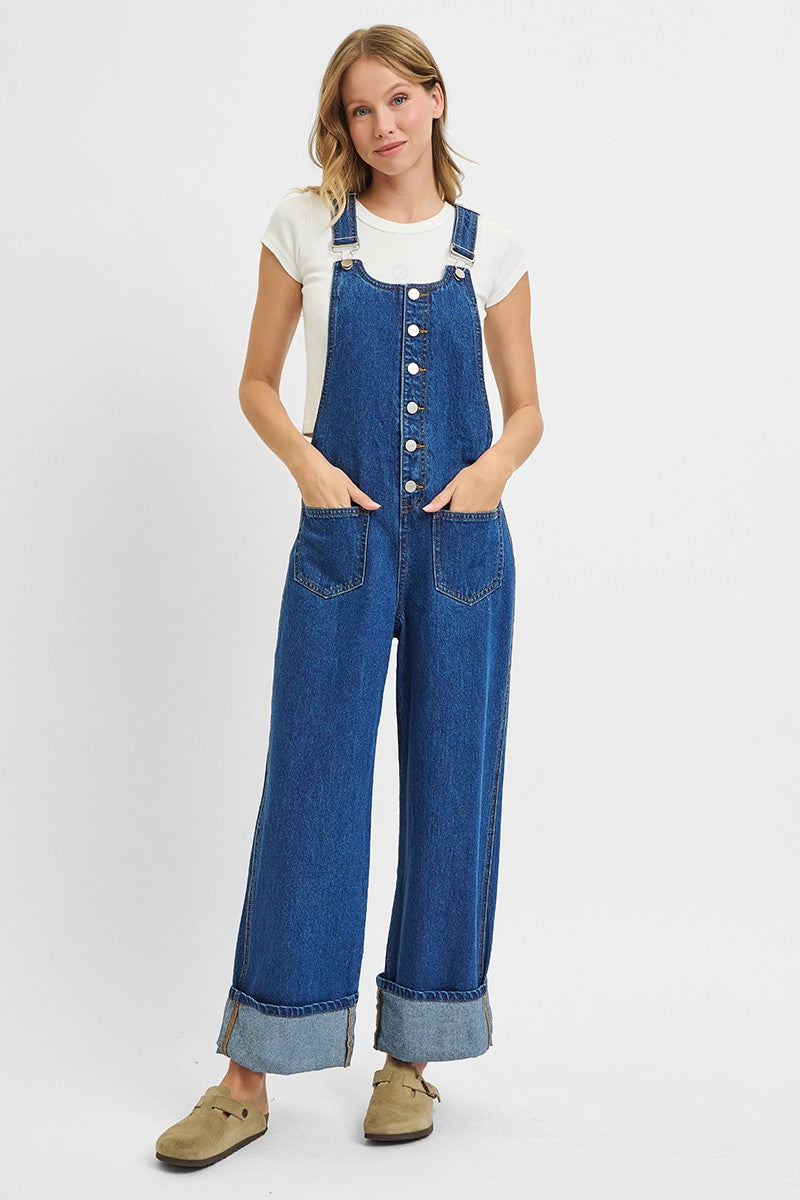 Button Down Wide Leg Cuff Overalls