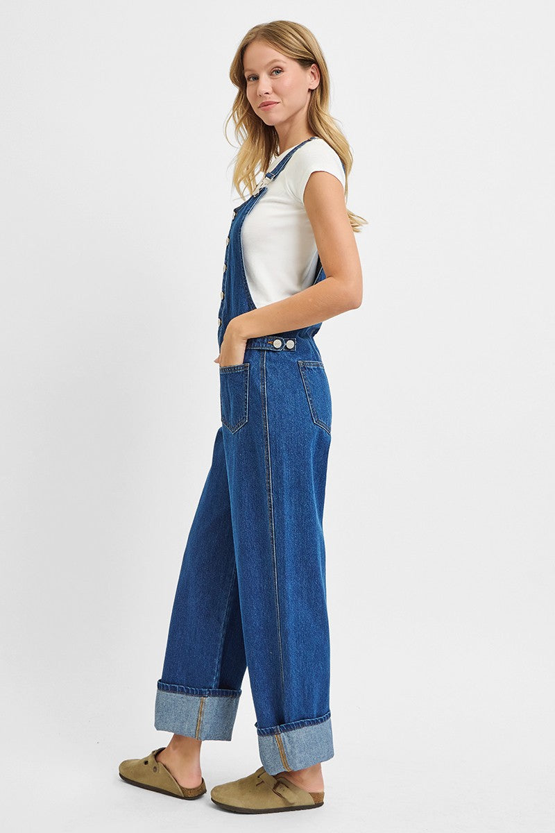 Button Down Wide Leg Cuff Overalls