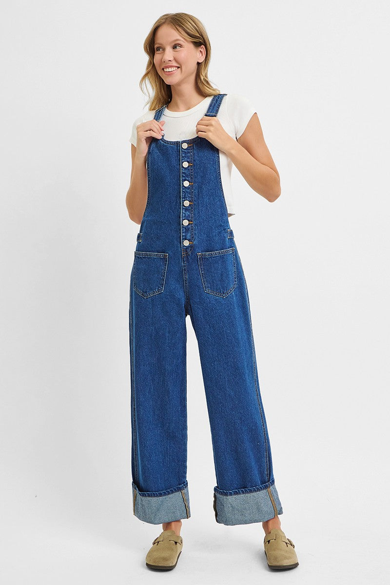 Button Down Wide Leg Cuff Overalls