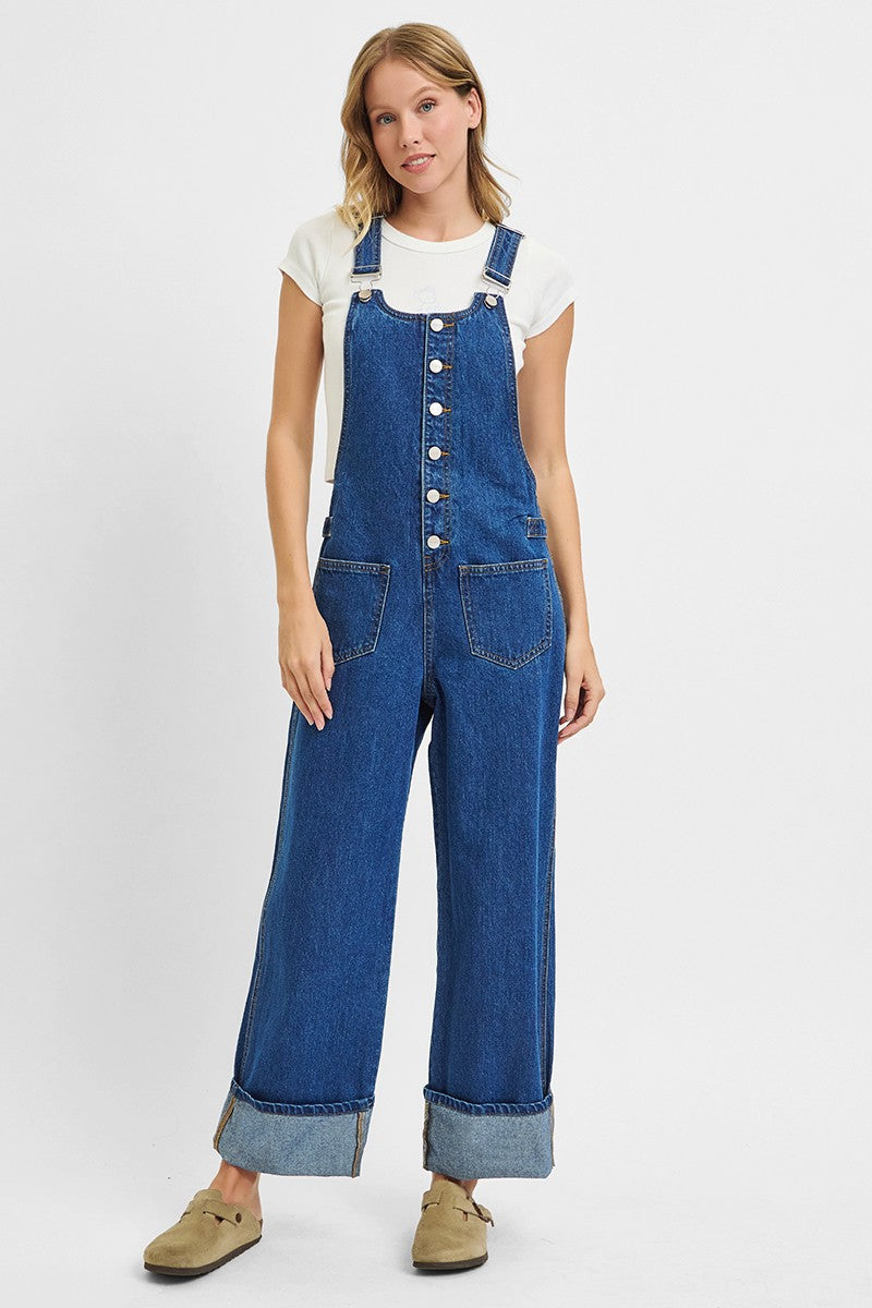 Button Down Wide Leg Cuff Overalls