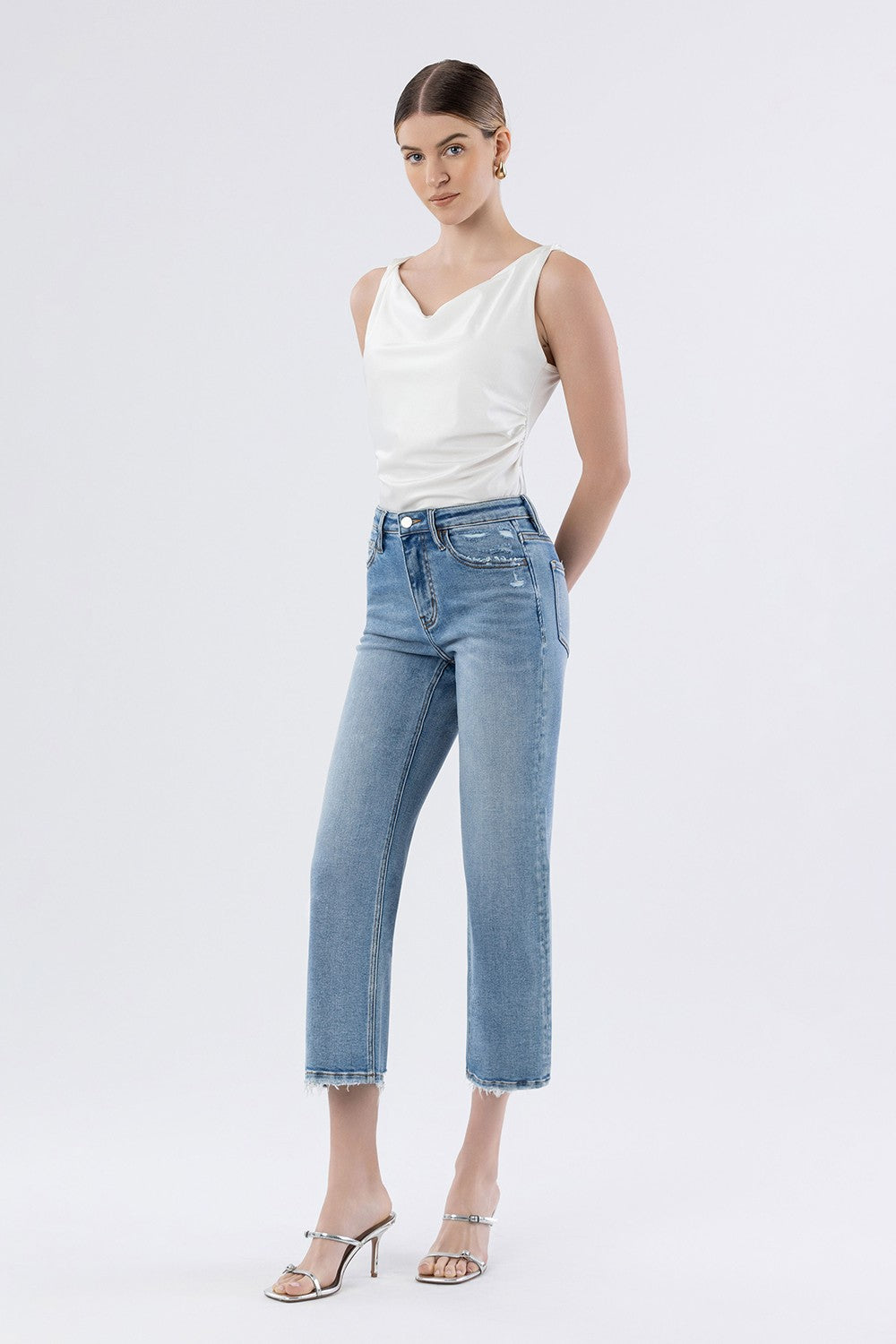 High Rise Crop Slim Wide Jeans