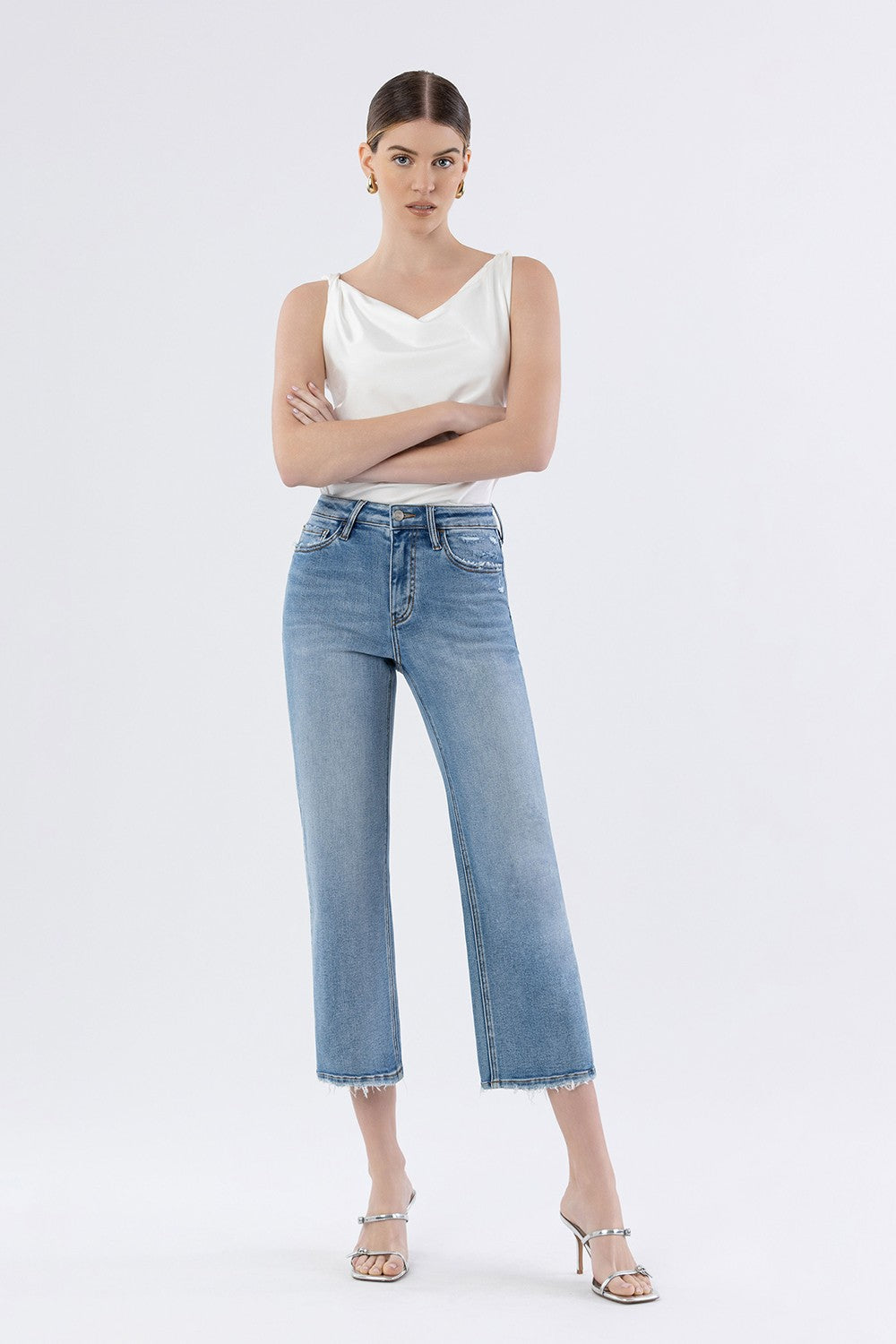 High Rise Crop Slim Wide Jeans