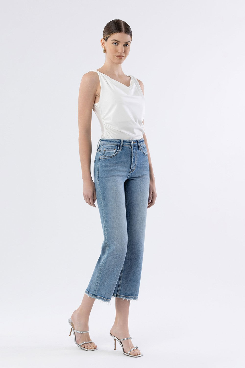 High Rise Crop Slim Wide Jeans