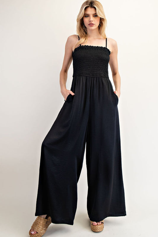 Satin Black Smocked Jumpsuit