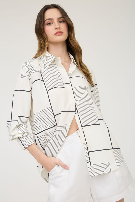 Geo Pattern Collared Long Sleeve Button Down Shirt