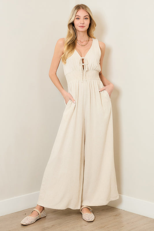 Linen Blend Tie Front Jumpsuit