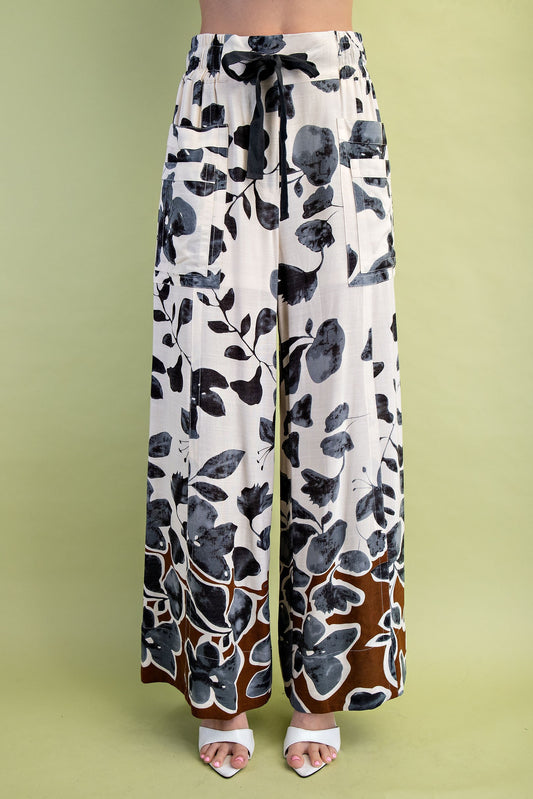 Leaf Print Wide Leg Pants