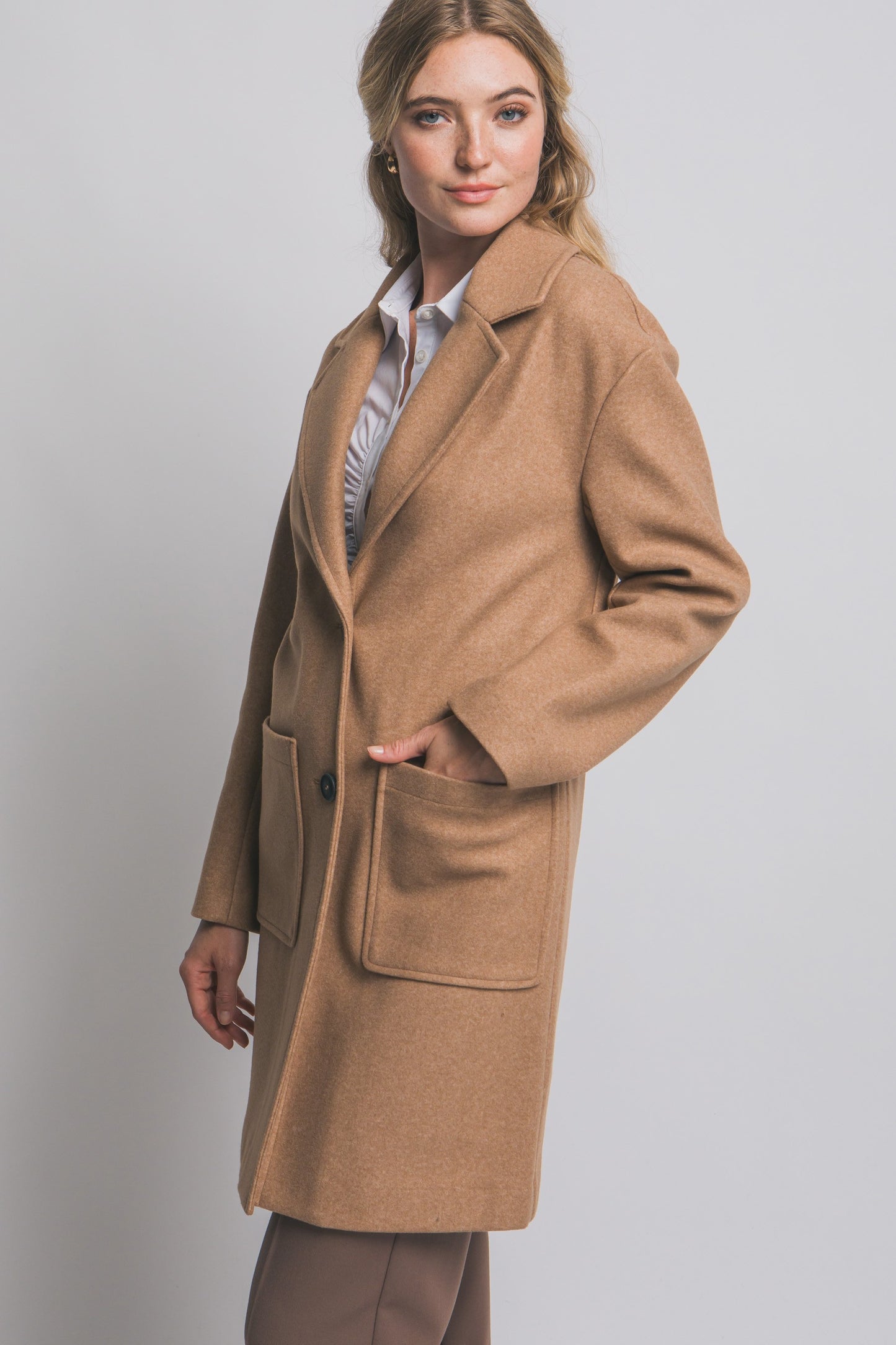 Mid Length Double Button Coat in Camel